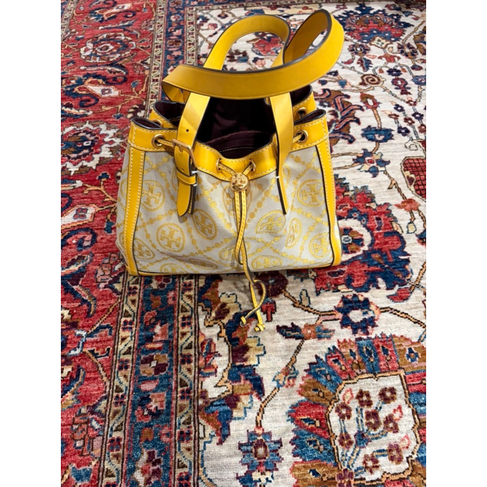 Tory Burch T Monogram Jacquard Small Tote Bag Yellow Leather Trim